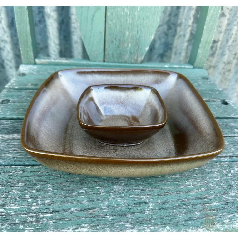 Vintage Frankoma Plainsman Brown 5NS Chip and Dip Tray 8.25" x 8.25"